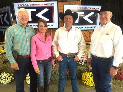 Milton Sundbeck, left, and Joy Reznicek of Town Creek Farm pictured with volume bull buyers, DCJ Ranch of Alabama.